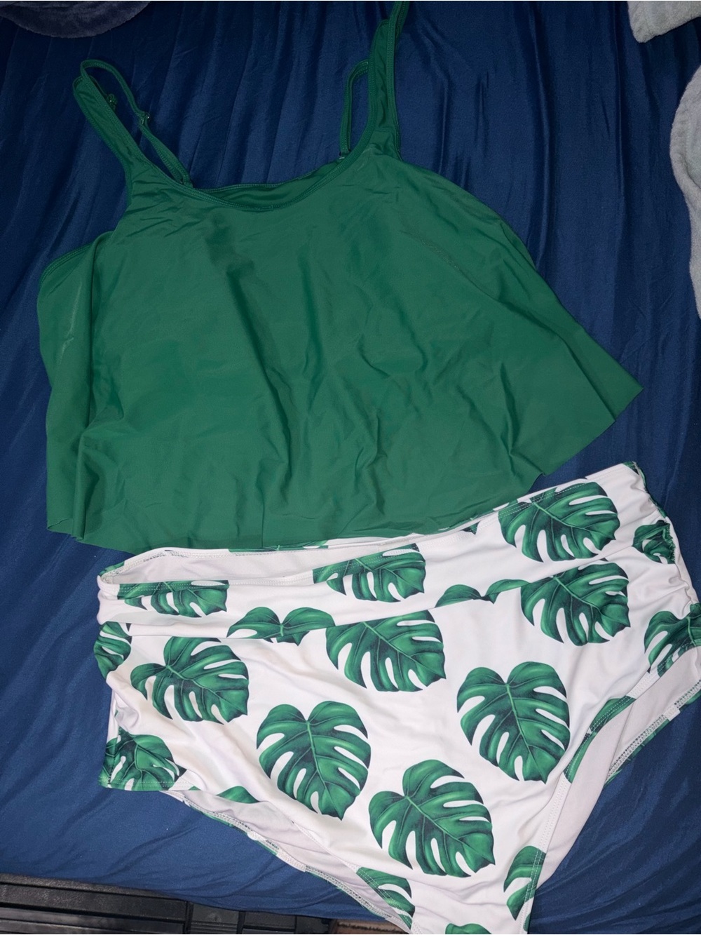 Green Tankini Top with Tropical Leaf High-Waist Bottoms